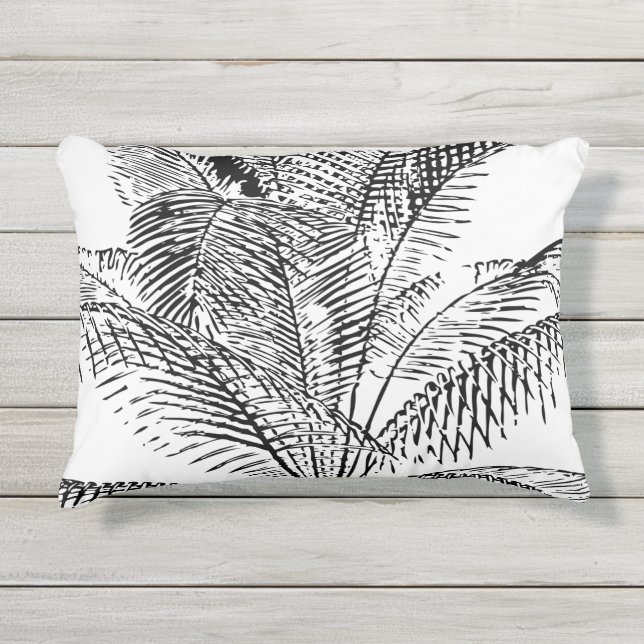 Palm Tree Leaves Black & White Abstract Pattern Outdoor Pillow (Front)
