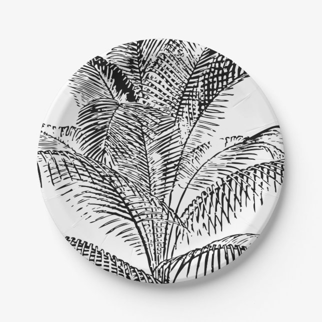 Palm Tree Leaves Black & White Abstract Pattern Paper Plates (Front)