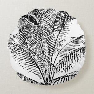 Palm Tree Leaves Black & White Abstract Pattern Round Pillow