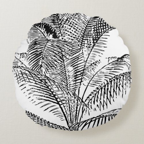 Palm Tree Leaves Black  White Abstract Pattern  Round Pillow