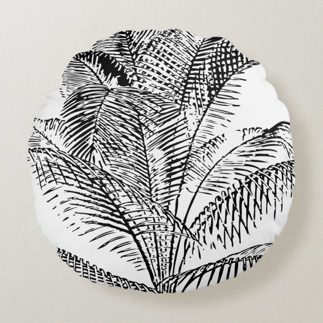 Palm Tree Leaves Black & White Abstract Pattern  Round Pillow (Front)