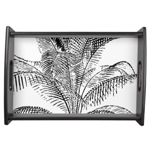 Palm Tree Leaves Black  White Abstract Pattern  Serving Tray