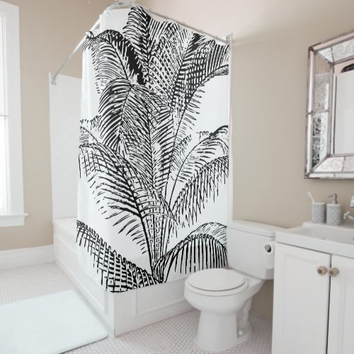 Palm Tree Leaves Black  White Abstract Pattern  Shower Curtain