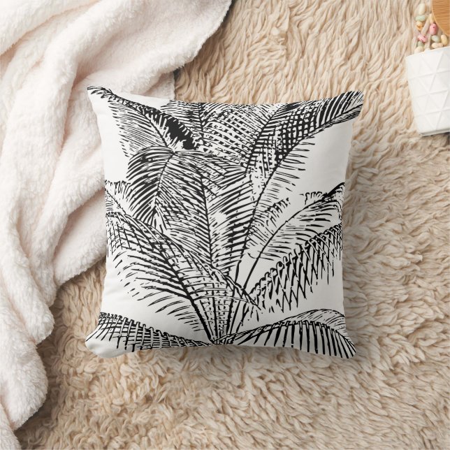 Palm Tree Leaves Black & White Abstract Pattern Throw Pillow (Blanket)