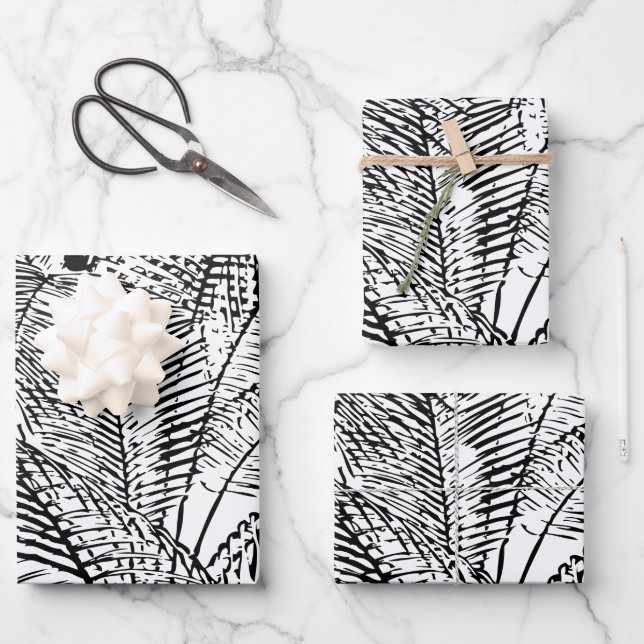 Palm Tree Leaves Black & White Abstract Pattern  Wrapping Paper Sheets (Front)