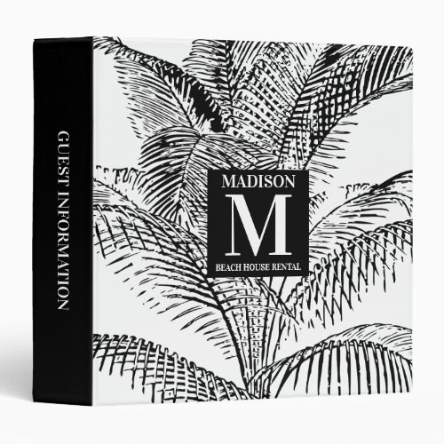 Palm Tree Leaves Black  White Beach House Rental  3 Ring Binder