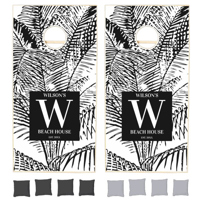Palm Tree Leaves Black White Family Beach House Cornhole Set (Set)