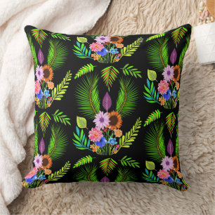 Palm Tree Leaves (Botanical Flowers) Black Throw Pillow