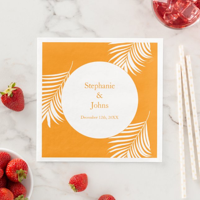 Palm Tree Leaves Orange Art Tropical Cool Wedding Paper Dinner Napkins (Insitu)