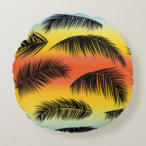 Palm tree leaves seamless pattern round pillow