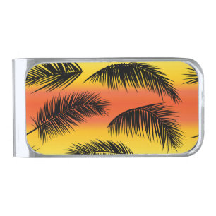 Palm tree leaves: seamless pattern. silver finish money clip