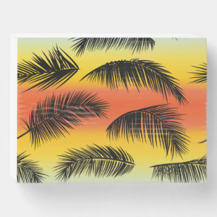 Palm tree leaves: seamless pattern. wooden box sign