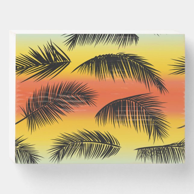 Palm tree leaves: seamless pattern. wooden box sign (Front Horizontal)
