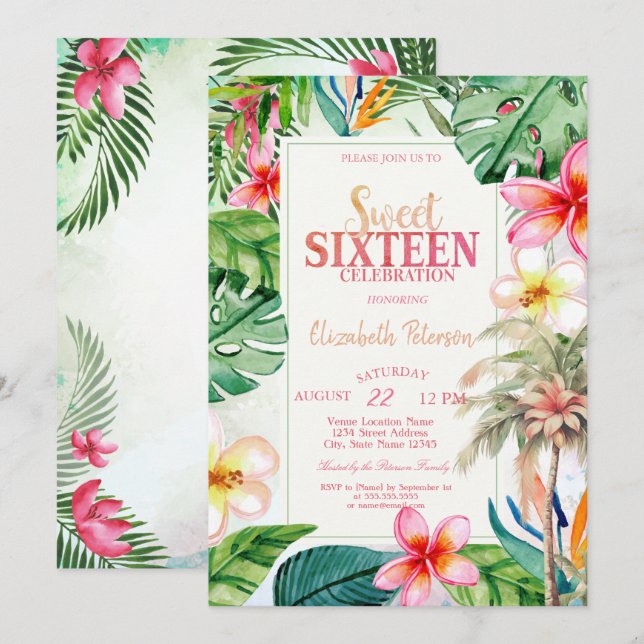 Palm Tree Leaves Tropical Flowers Summer Sweet 16  Invitation (Front/Back)