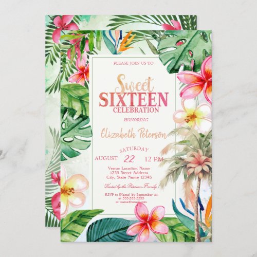 Palm Tree Leaves Tropical Flowers Summer Sweet 16  Invitation
