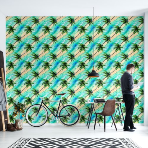 Palm tree leaves turquoise sea nautical pattern wallpaper 