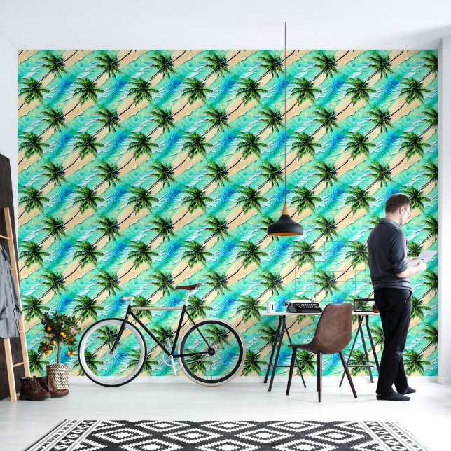 Palm tree leaves turquoise sea nautical pattern wallpaper  (Living Room)