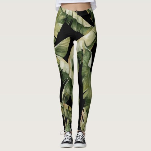 Palm Tree Leaves Watercolor Art Pattern Leggings