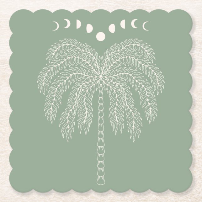 Palm tree line drawing white green moon phases  be paper coaster (Front)