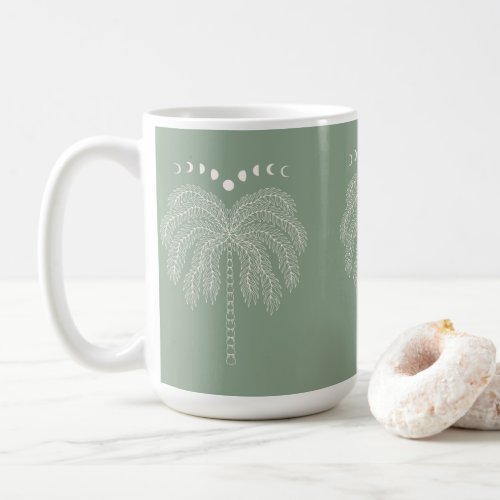 Palm tree line drawing white green moon phases coffee mug