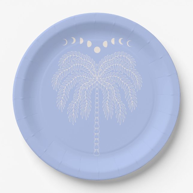 Palm tree line drawing white lilac moon phases  paper plates (Front)