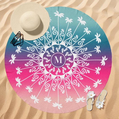 Palm Tree Mandala Monogram Teal Pink Gradient Beach Towel