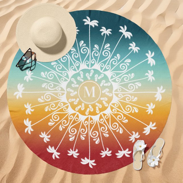 Palm Tree Mandala Monogram Yellow Red Gradient  Beach Towel (Creator Uploaded)
