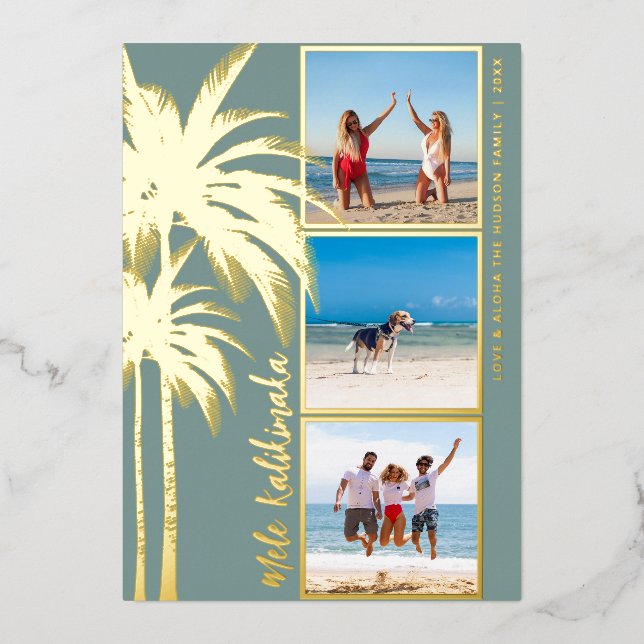 Palm Tree Mele Kalikimaka Christmas Photo Gold Foil Holiday Card (Front)
