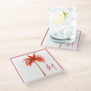 Palm Tree Modern Red frame Tropical Monogram Glass Coaster