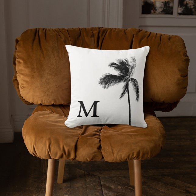 Palm Tree Monogram Black & White Throw Pillow (Palm Tree Monogram Black & White Throw Pillow)