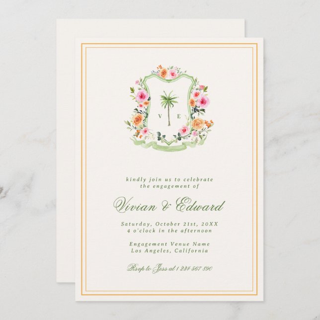 Palm Tree Monogram Tropical Beach Engagement Party Invitation (Front/Back)