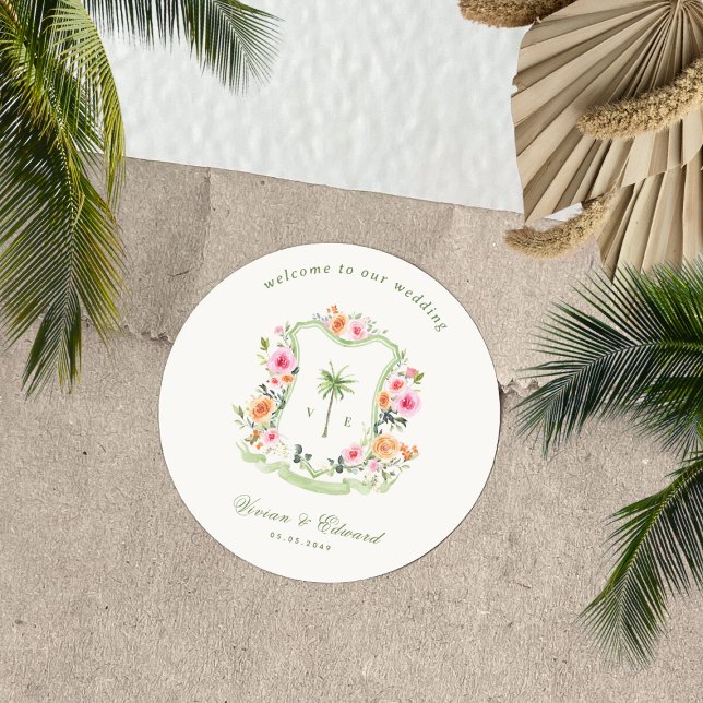 Palm Tree Monogram Tropical Beach Wedding Welcome Classic Round Sticker (Creator Uploaded)