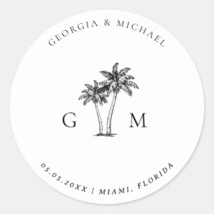 Palm Tree Monogram Tropical Destination Wedding Classic Round Sticker
