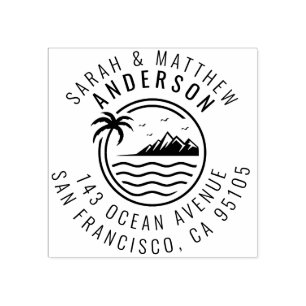 Palm Tree, Mountain & Ocean Married Couple Address Rubber Stamp