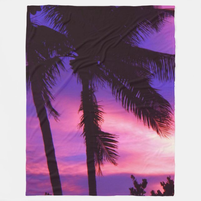 Palm Tree N Purple Sunset Fleece Blanket (Front)