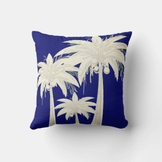 Palm Tree Navy Blue Beige Summer Tropical Throw Pillow