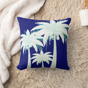 Palm Tree Navy Blue Summer Green White Tropical Throw Pillow