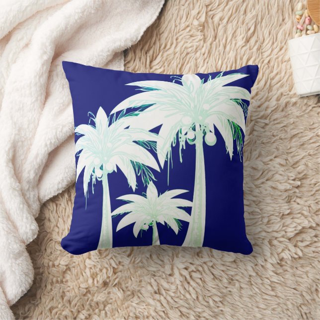Palm Tree Navy Blue Summer Green White Tropical Throw Pillow (Blanket)