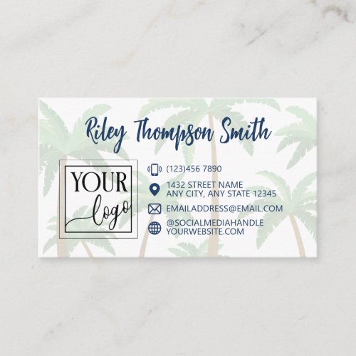 Palm Tree Navy Text Add Logo  Photo Business Card