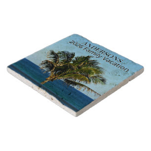 Palm Tree & Ocean Photo Family Name & Year Trivet