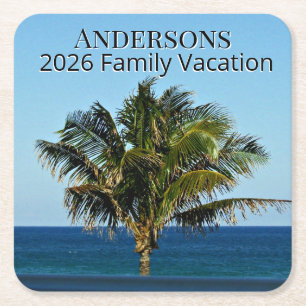Palm Tree Ocean View Family Name & Trip Year Square Paper Coaster