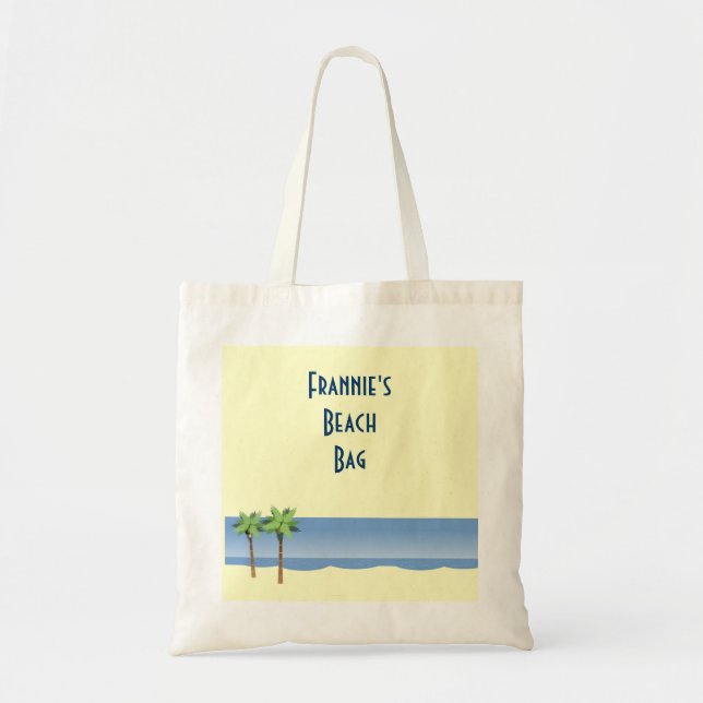 Palm Tree Ocean Waves Beach Scene Custom Name Tote Bag (Front)