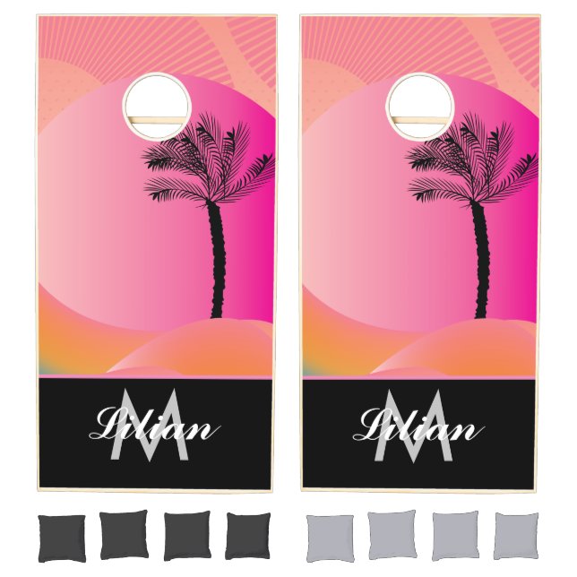 Palm Tree Ombré Pink Monogrammed Cornhole Set (Set)