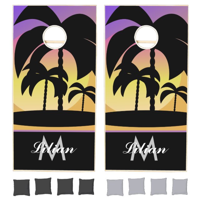 Palm Tree Ombré Purple Monogrammed Cornhole Set (Set)