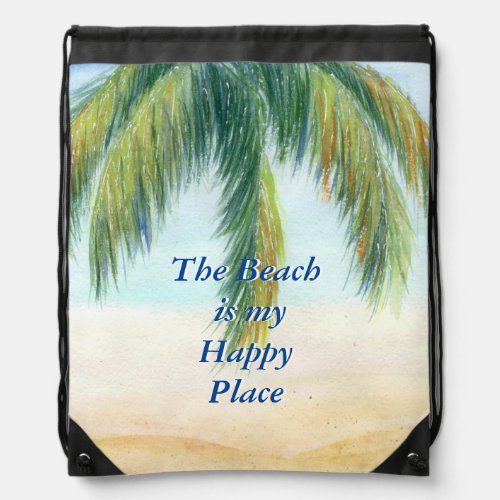 Palm tree on a sunny day on the beach drawstring bag