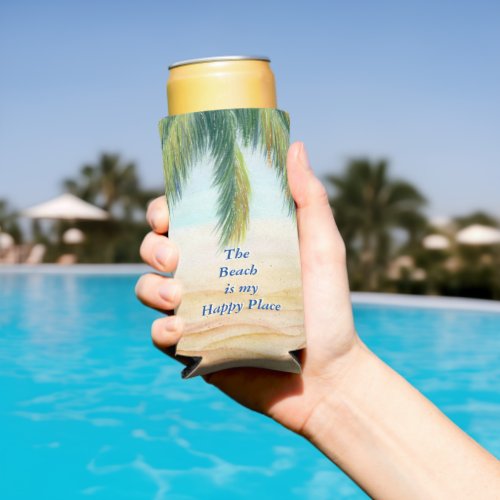 Palm tree on a sunny day on the beach seltzer can cooler