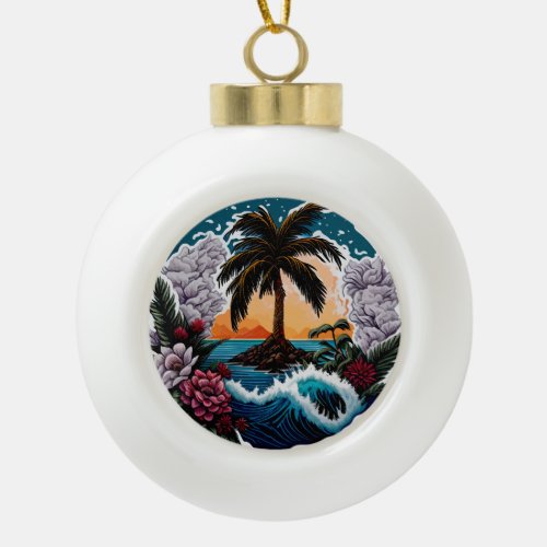 Palm Tree on Beach Snowflake Framed Ornament