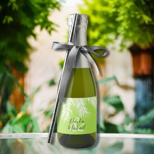 Palm Tree on Lime Green Mini Sparkling Wine Label (White palm tree fronds on lime mini sparkling wine label personalized for your wedding)