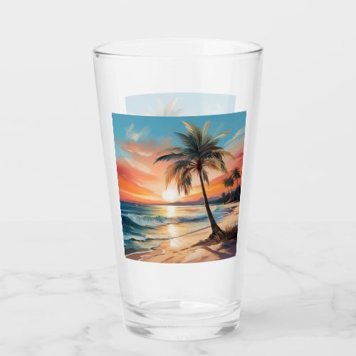 Palm Tree On Tropical Beach At Sunset Glass