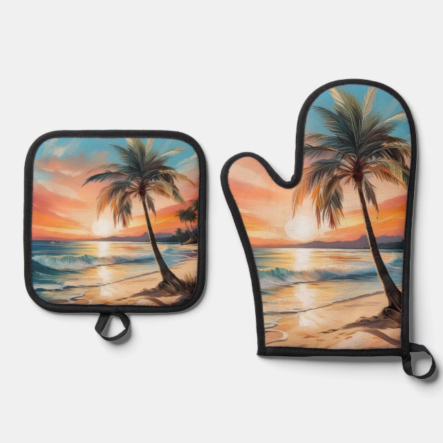 Palm Tree On Tropical Beach At Sunset Oven Mitt & Pot Holder Set (Front)